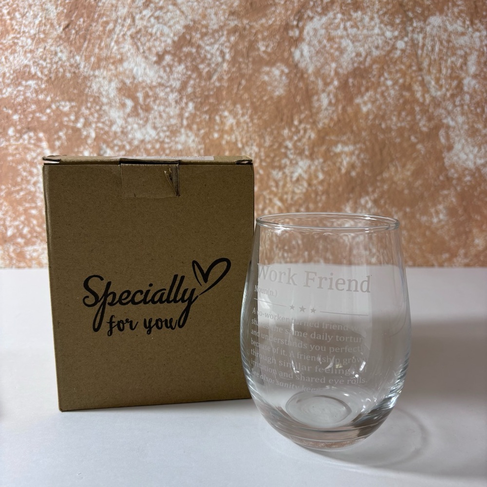 Stemless “Work Friends” Wine Glass Engraved Heartfelt Message Gift Box 16 Oz